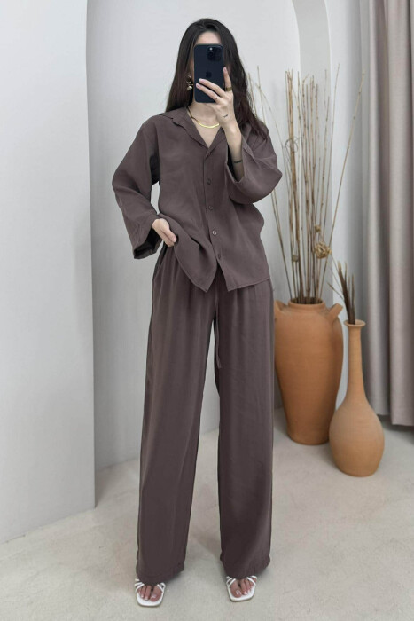 ONE COLOR SIMPLE SHIRT+TROUSERS WOMEN SET BROWN/KAFE 