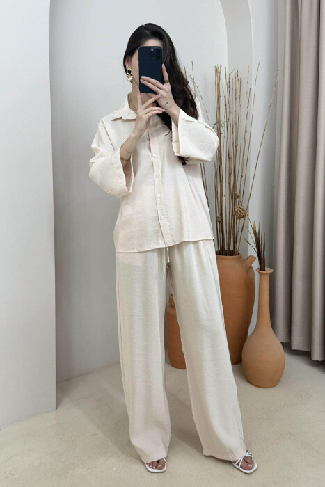 ONE COLOR SIMPLE SHIRT+TROUSERS WOMEN SET CREAM/KREM 