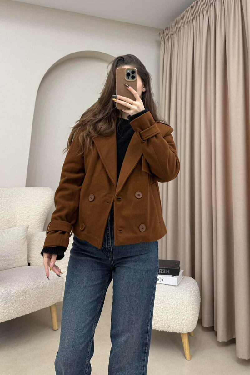 ONE COLOR SIMPLE SHORT WOMEN COAT BROWN/KAFE - 2