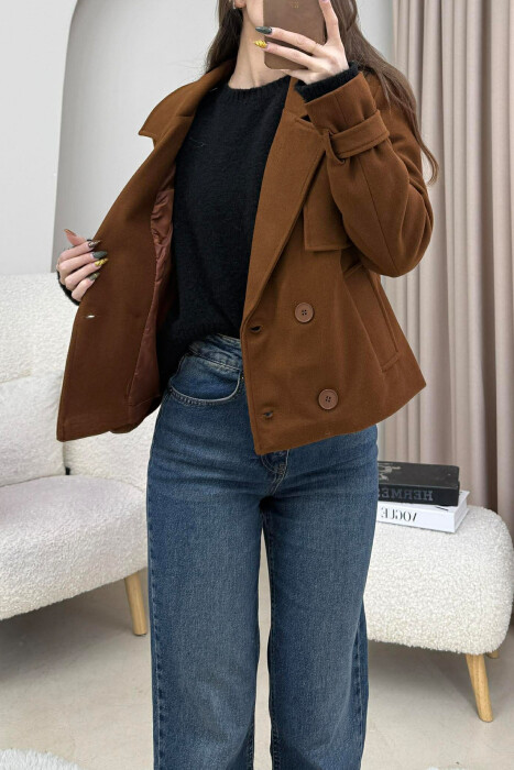 ONE COLOR SIMPLE SHORT WOMEN COAT BROWN/KAFE - 3