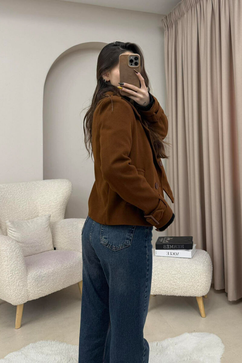 ONE COLOR SIMPLE SHORT WOMEN COAT BROWN/KAFE - 4