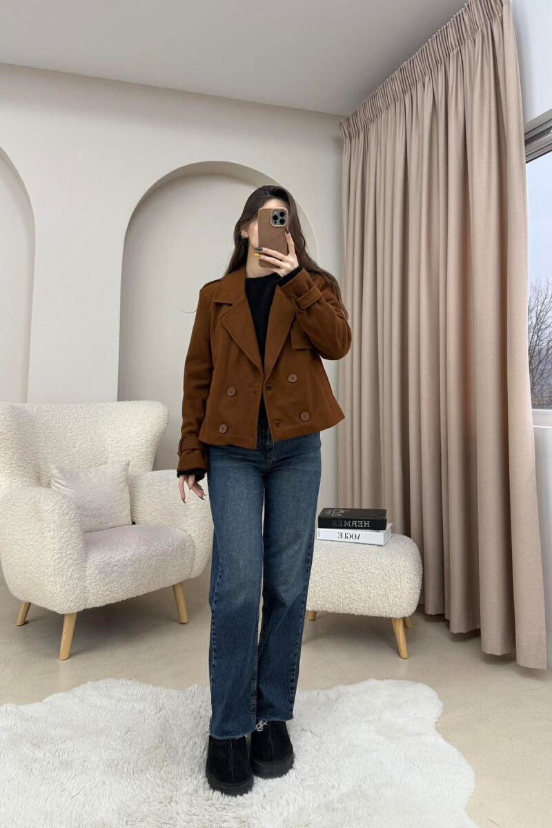 ONE COLOR SIMPLE SHORT WOMEN COAT BROWN/KAFE - 5