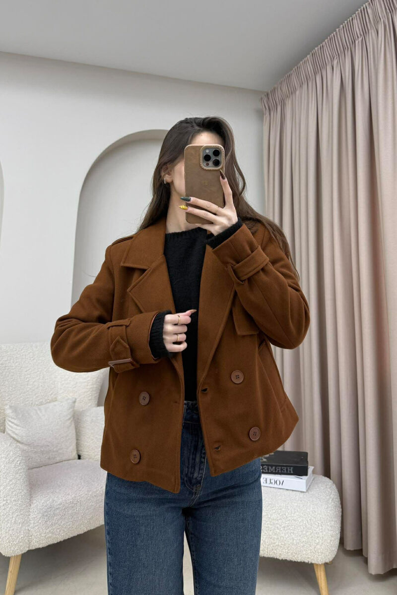 ONE COLOR SIMPLE SHORT WOMEN COAT BROWN/KAFE - 1