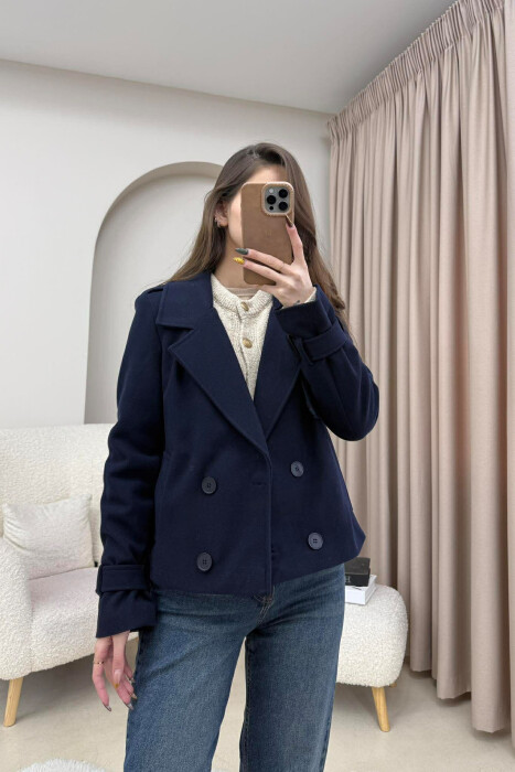 ONE COLOR SIMPLE SHORT WOMEN COAT DARK BLUE/BEE 