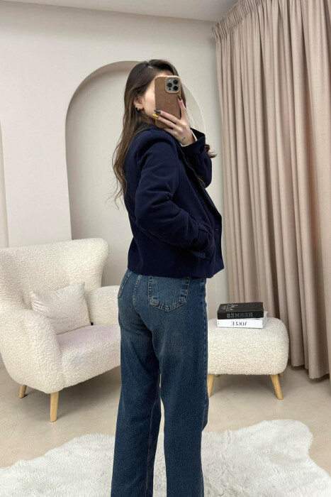 ONE COLOR SIMPLE SHORT WOMEN COAT DARK BLUE/BEE - 2