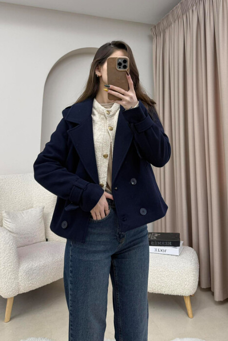 ONE COLOR SIMPLE SHORT WOMEN COAT DARK BLUE/BEE - 3