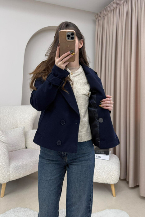 ONE COLOR SIMPLE SHORT WOMEN COAT DARK BLUE/BEE - 4