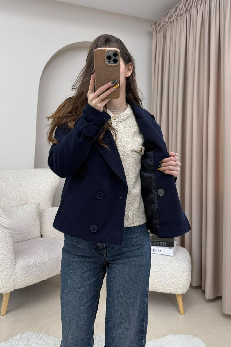 ONE COLOR SIMPLE SHORT WOMEN COAT DARK BLUE/BEE - 4