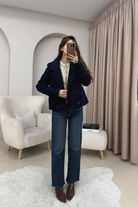 ONE COLOR SIMPLE SHORT WOMEN COAT DARK BLUE/BEE - 5