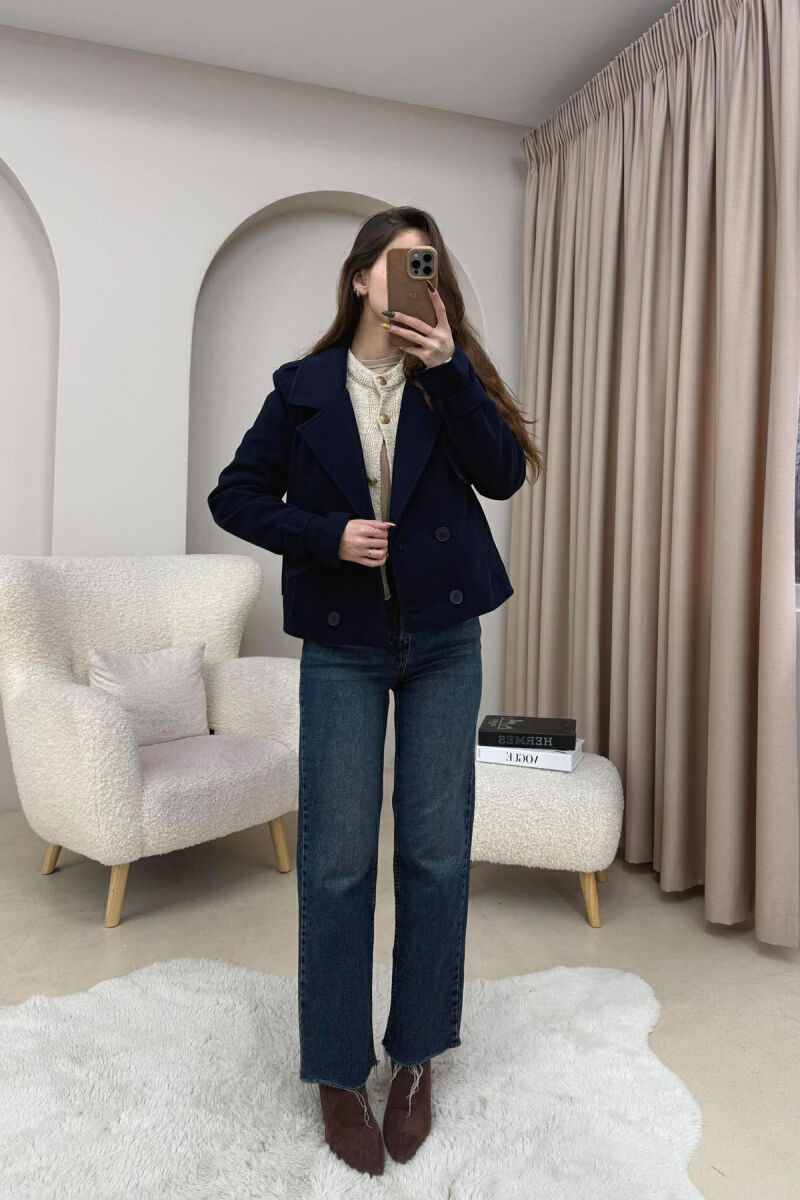 ONE COLOR SIMPLE SHORT WOMEN COAT DARK BLUE/BEE - 5