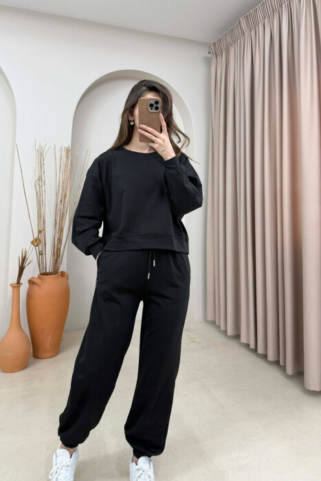 ONE COLOR SIMPLE SWEATSHIRT + JOGGERS WOMAN SET BLACK/ E ZEZE - 2