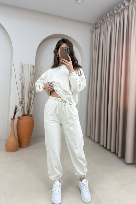 ONE COLOR SIMPLE SWEATSHIRT + JOGGERS WOMAN SET CREAM/KREM - 1