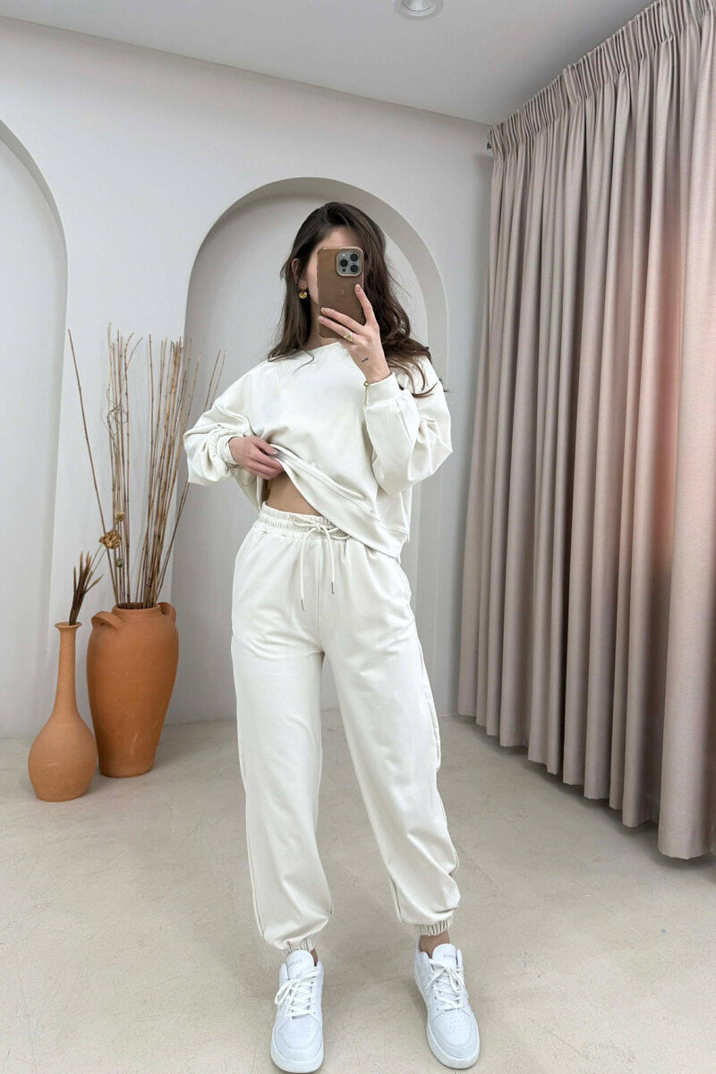 ONE COLOR SIMPLE SWEATSHIRT + JOGGERS WOMAN SET CREAM/KREM - 1