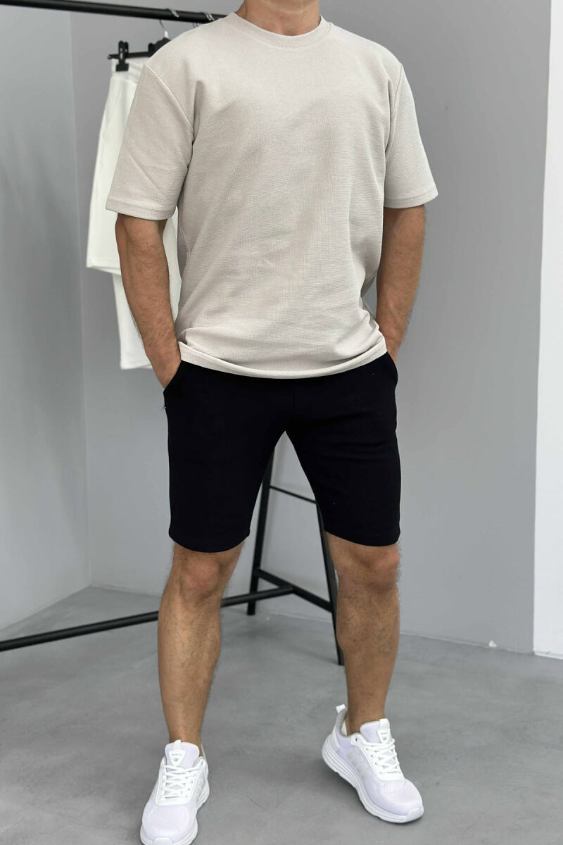 ONE COLOR SIMPLE T-SHIRT+ SHORTS MEN SET LIGHT BEIGE-BLACK/BZBZE - 1