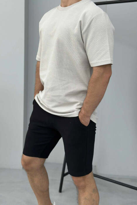 ONE COLOR SIMPLE T-SHIRT+ SHORTS MEN SET LIGHT BEIGE-BLACK/BZBZE - 2