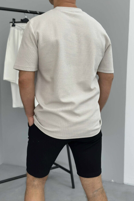 ONE COLOR SIMPLE T-SHIRT+ SHORTS MEN SET LIGHT BEIGE-BLACK/BZBZE - 3