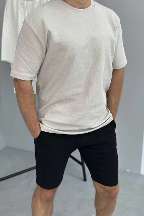 ONE COLOR SIMPLE T-SHIRT+ SHORTS MEN SET LIGHT BEIGE-BLACK/BZBZE - 4