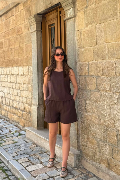 SET KANATJERE+PANTALLONA TE SHKURTA PER FEMRA NE NGJYRE KAFE - KLAUDIO FASHION