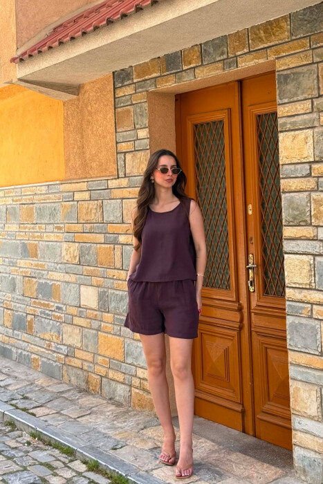 ONE COLOR SIMPLE TANK TOP + SHORTS WOMAN SET DARK PURPLE/LEJLA ERRET - KLAUDIO FASHION