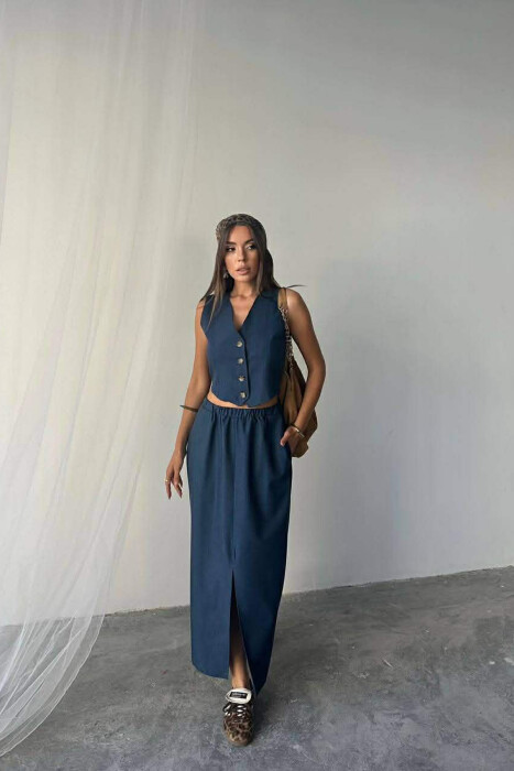 ONE COLOR SIMPLE VEST +CUT OPEN SKIRT WOMEN SET BLUE/BLU - 1