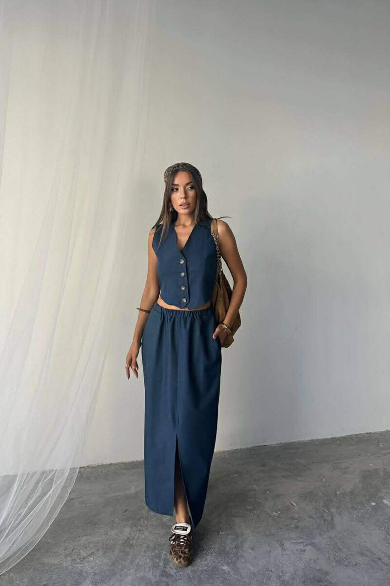ONE COLOR SIMPLE VEST +CUT OPEN SKIRT WOMEN SET BLUE/BLU - 1