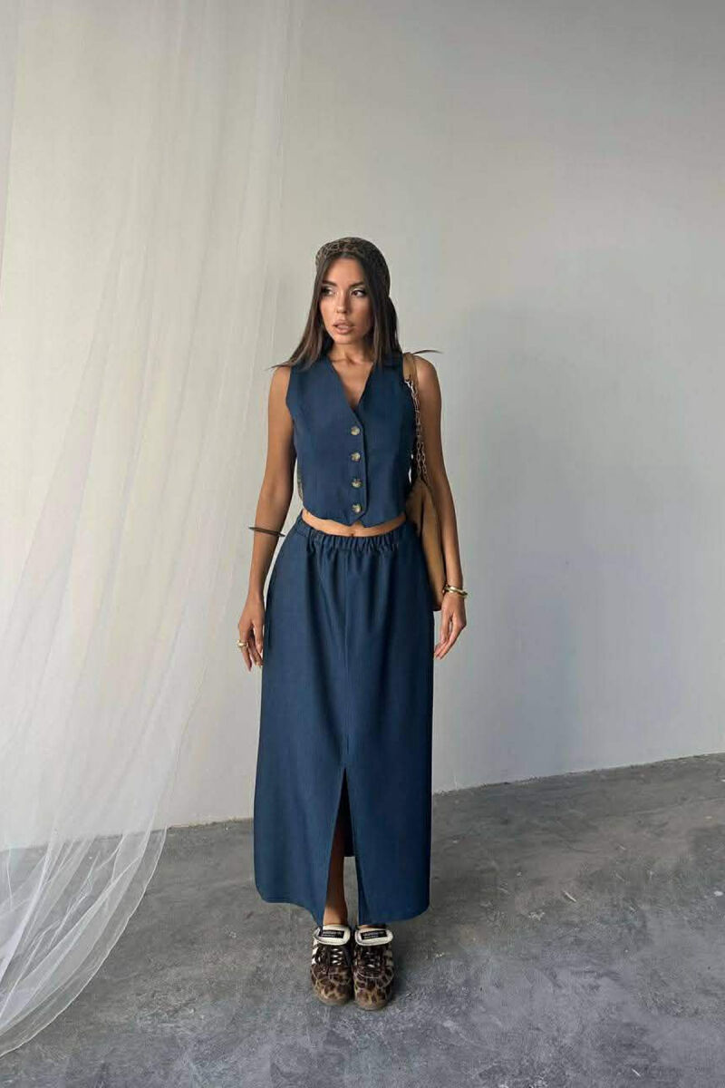 ONE COLOR SIMPLE VEST +CUT OPEN SKIRT WOMEN SET BLUE/BLU - 2