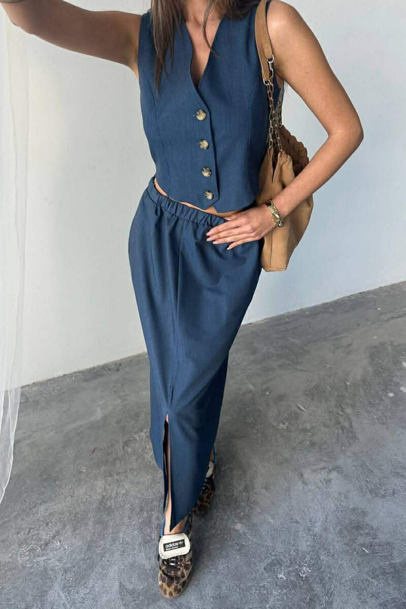 ONE COLOR SIMPLE VEST +CUT OPEN SKIRT WOMEN SET BLUE/BLU - 3