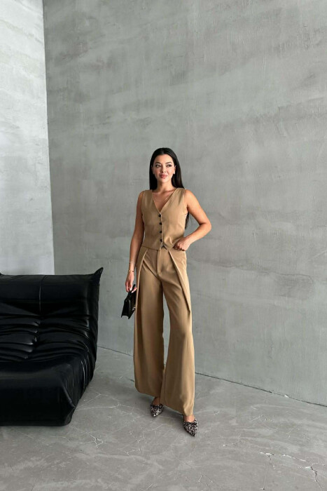 ONE COLOR SIMPLE VEST+TROUSERS WOMEN SET LIGHT BROWN/KAZB - KLAUDIO FASHION