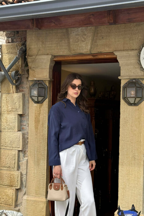 ONE COLOR SIMPLE WOMAN SHIRT DARK BLUE/BEE - 5