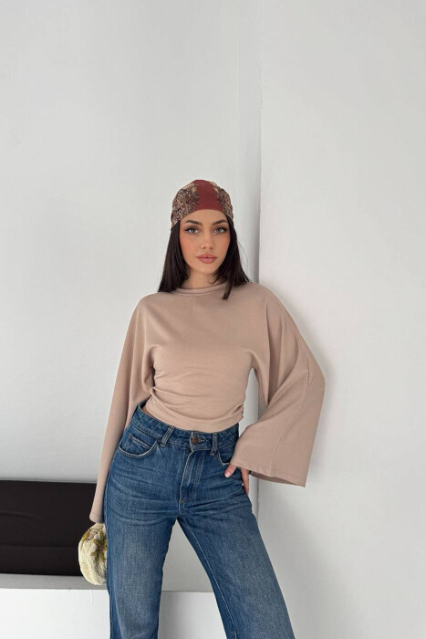 BLUZE ME MENGE TE GJATA PER FEMRA NE NGJYRE BEZHE - KLAUDIO FASHION