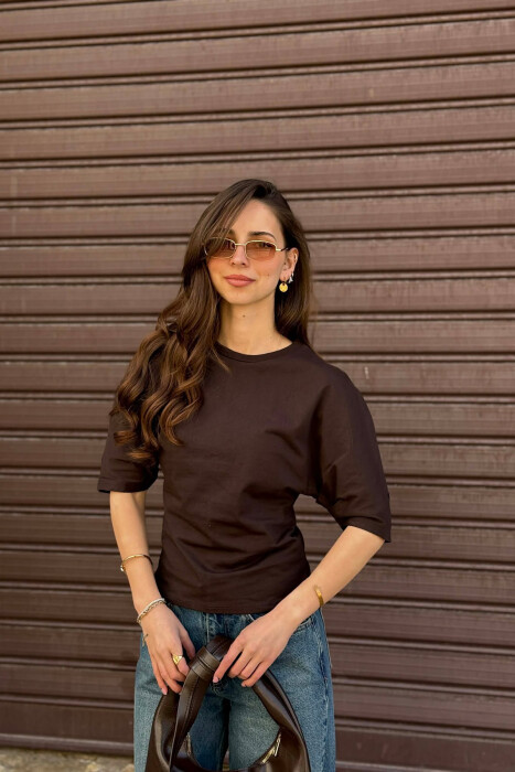 ONE COLOR SIMPLE WOMAN T-SHIRT BROWN/KAFE - KLAUDIO FASHION