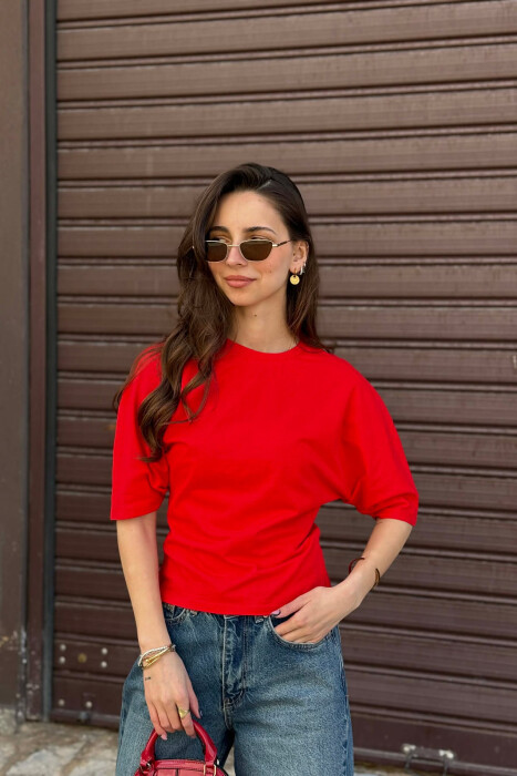 BLUZE ME MENGE TE SHKURTA PER FEMRA NE NGJYRE TE KUQE - KLAUDIO FASHION