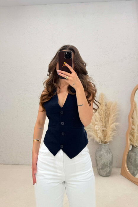 ONE COLOR SIMPLE WOMAN VEST DARK BLUE/BEE - KLAUDIO FASHION