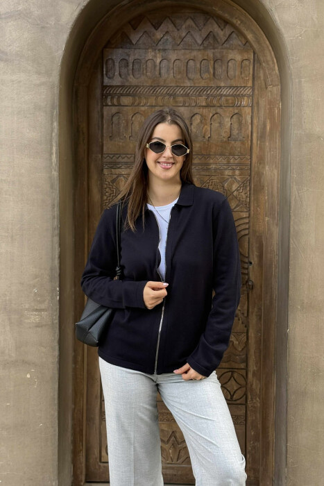 ONE COLOR SIMPLE WOMEN CARDIGAN DARK BLUE/BEE - KLAUDIO FASHION