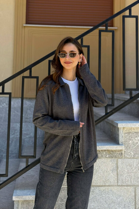 ONE COLOR SIMPLE WOMEN CARDIGAN DARK GREY/GEE - KLAUDIO FASHION