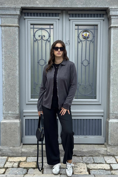 ONE COLOR SIMPLE WOMEN CARDIGAN DARK GREY/GEE - KLAUDIO FASHION