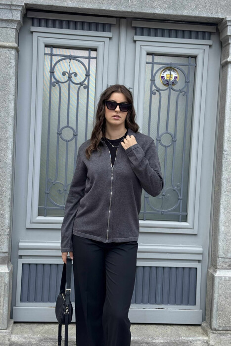 ONE COLOR SIMPLE WOMEN CARDIGAN DARK GREY/GEE - 2