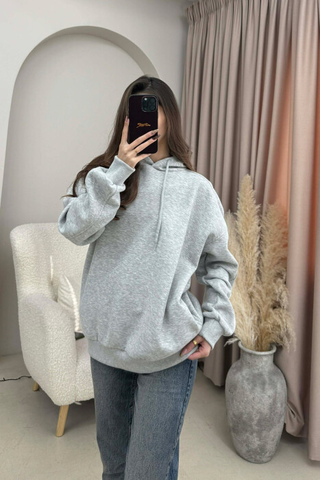 ONE COLOR SIMPLE WOMEN HOODIE LIGHT GREY/GZ - KLAUDIO FASHION