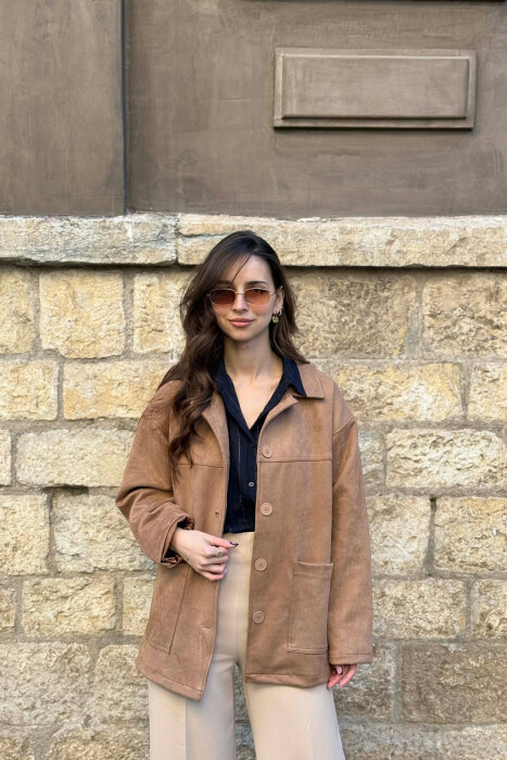 ONE COLOR SIMPLE WOMEN JACKET LIGHT BROWN/KAZB - KLAUDIO FASHION