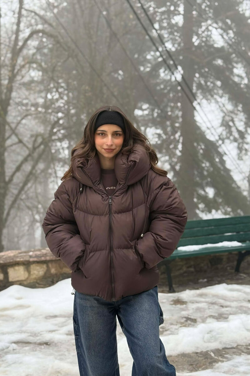 ONE COLOR SIMPLE WOMEN PUFFER JACKET BROWN/KAFE - 3