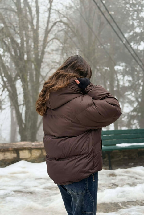 ONE COLOR SIMPLE WOMEN PUFFER JACKET BROWN/KAFE - 4