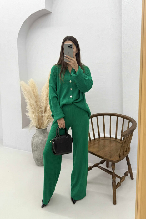 SHIRT+TROUSERS ONE COLOR KNIT WOMEN SET GREEN/JESHILE - 1