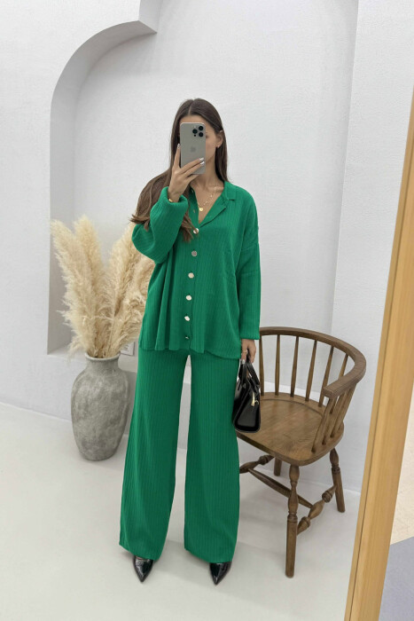 SHIRT+TROUSERS ONE COLOR KNIT WOMEN SET GREEN/JESHILE - 3