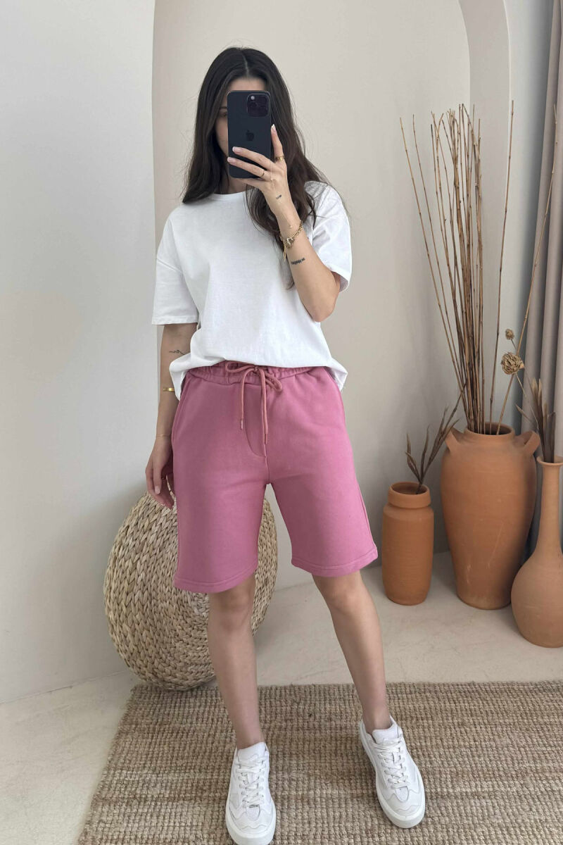ONE COLOR SIMPLE WOMEN SHORT SWEATPANTS POWDER/PUDER - 1