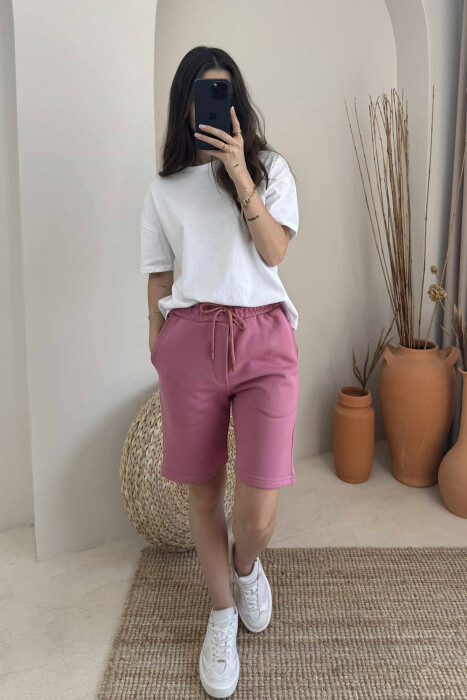 ONE COLOR SIMPLE WOMEN SHORT SWEATPANTS POWDER/PUDER - 2
