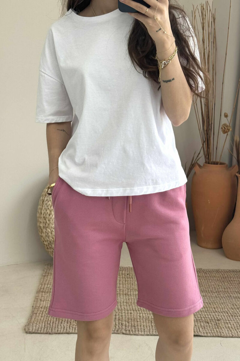 ONE COLOR SIMPLE WOMEN SHORT SWEATPANTS POWDER/PUDER - 3