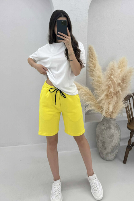 ONE COLOR SIMPLE WOMEN SHORT SWEATPANTS YELLOW/E VERDHE - 2