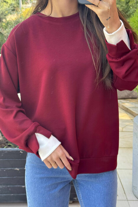 ONE COLOR SIMPLE WOMEN SWEATSHIRT BURGUNDY/VISHNJE - 3