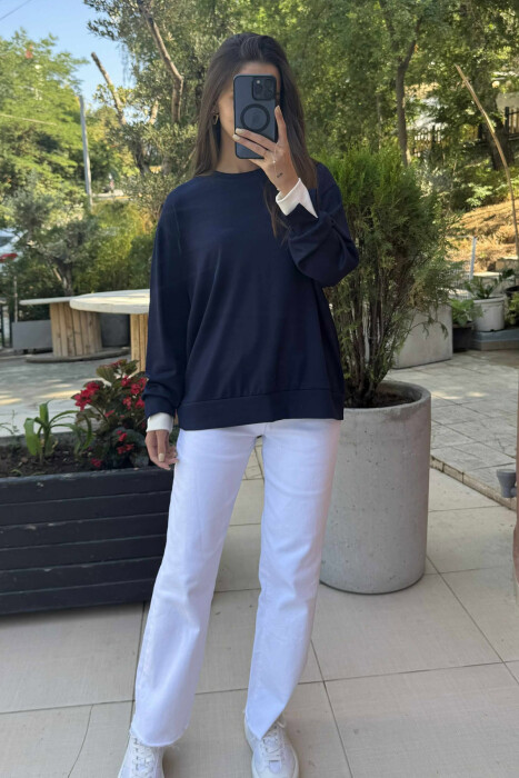 ONE COLOR SIMPLE WOMEN SWEATSHIRT DARK BLUE/BEE - 1