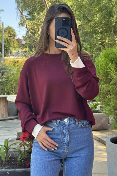 ONE COLOR SIMPLE WOMEN SWEATSHIRT DARK BURGUNDY/VISHNJE E ERRET - 2